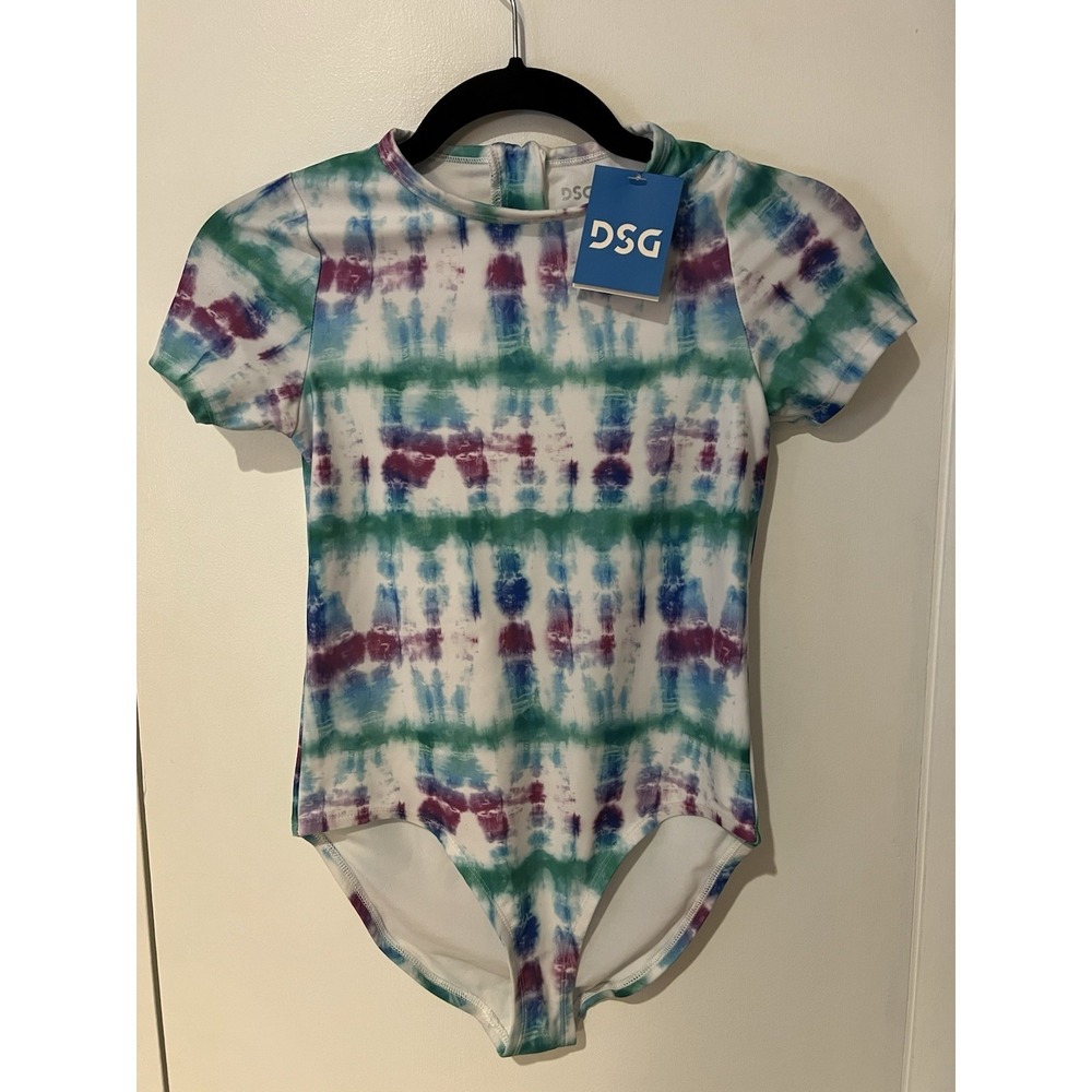DSG Girls Large Short Sleeve One Piece Swimsuit Tide Dye Multi UV Protection NWT